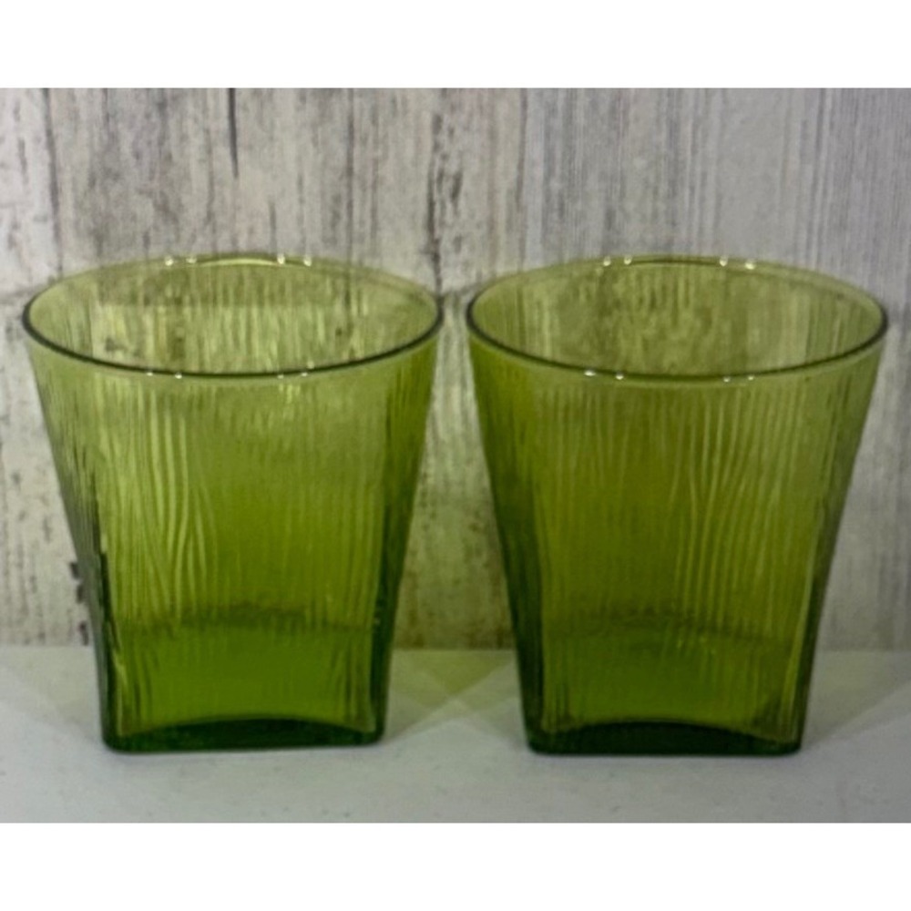 Avocado Green MCM Tree Bark Textured Square Base Rocks Tumblers 60s 70s Kitsch